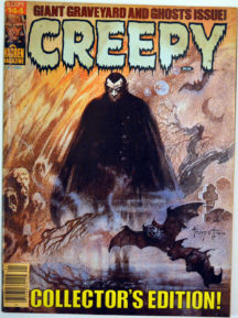 Stories in this issue include the following reprints: Forgotten Flesh by Doug Moench and Vicente Alcarar; For the Sake of Your Children! by Ed Fedory and Jaime Brocal; It! by Tom Sutton; In Darkness it Shall End! by Doug Moench and Vicente Alcazar; The Ghouls! by Carl Wessler and Martin Salvador; Berenice by Rich Margopoulos and Isidro Mones (from the story by Edgar Allan Poe); and It: The Terror-Stalked Heiress! by Carl Wessler and Jose Gual. The features page includes an announcement of the departure of Forrest J Ackerman from Famous Monsters. Cover art by Frank Frazetta. Cover price $2.25.