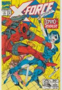 First appearance of 'real' Domino (Neena Thurman). "Friendly Reminders" Cover pencils by Rob Liefeld, inks by Trevor Scott. Friendly Reminders, script by Rob Liefeld (Plot) by Fabian Nicieza, pencils by Mark Pacella, inks by Dan Panosian; Deadpool invades the X-Force complex to confront "Domino," really his old shapeshifting girlfriend Vanessa who has been spying on Cable and crew. Cover price $1.25.