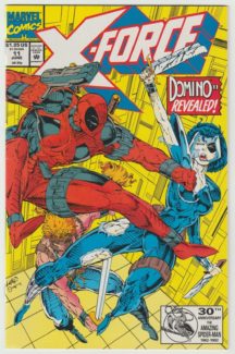 First appearance of 'real' Domino (Neena Thurman). "Friendly Reminders" Cover pencils by Rob Liefeld, inks by Trevor Scott. Friendly Reminders, script by Rob Liefeld (Plot) by Fabian Nicieza, pencils by Mark Pacella, inks by Dan Panosian; Deadpool invades the X-Force complex to confront "Domino," really his old shapeshifting girlfriend Vanessa who has been spying on Cable and crew. Cover price $1.25.