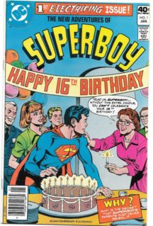 The reason why Jonathan and Martha Kent have been putting an extra candle on Clark's cake every year since his eighth birthday, and what it has to do with Suberboy's alien abduction, is revealed in "The Most Important Year of Superboy's Life!" Script by Cary Bates, pencils by Kurt Schaffenberger, inks by David Hunt. Cover by Schaffenberger & Dick Giordano. Cover price $0.40.